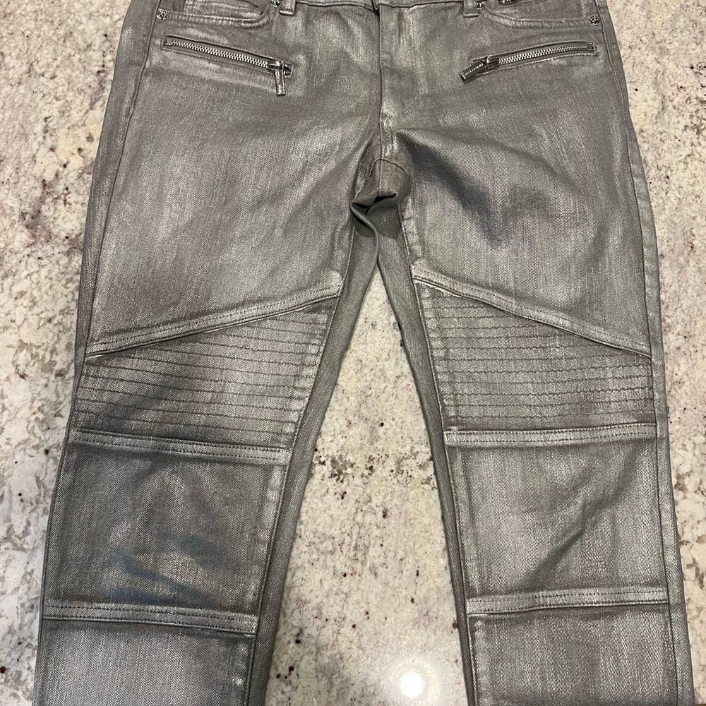 MICHAEL KORS Womens Moto Biker Jeans‎ Silver Metallic Skinny Zipper Ankle Size 6 - Picture 5 of 8